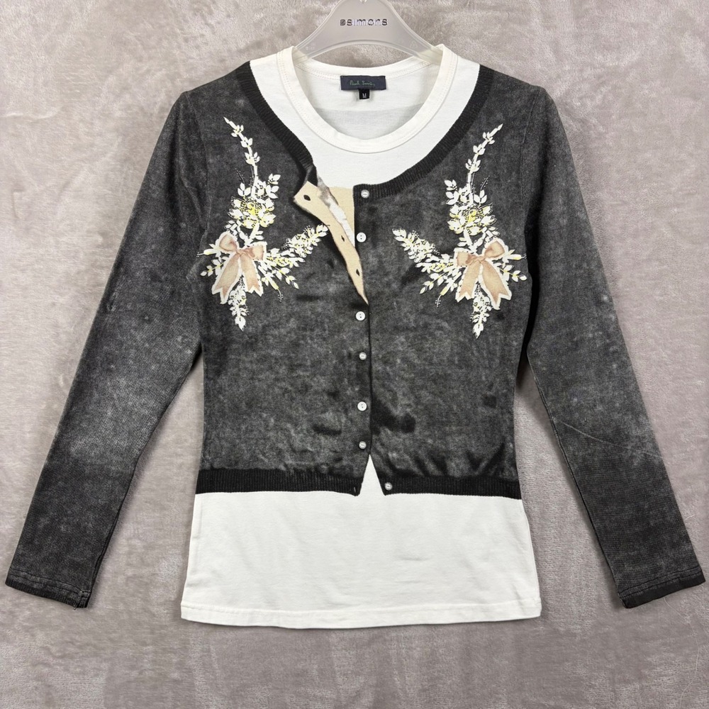 Paul Smith Womens Trompe L'oeil Floral Bow Layered Look Top Grey White Medium